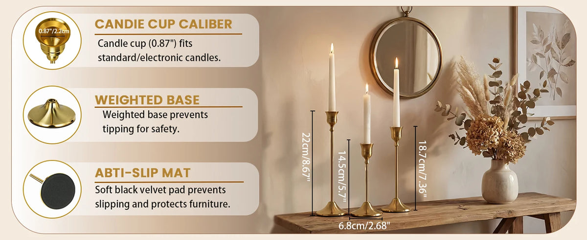 Set of 6 Gold Brass Taper Candle Holders with Weighted Base