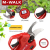 Red M-WALK cordless brushless electric pruning shears with LED display and switch components shown.