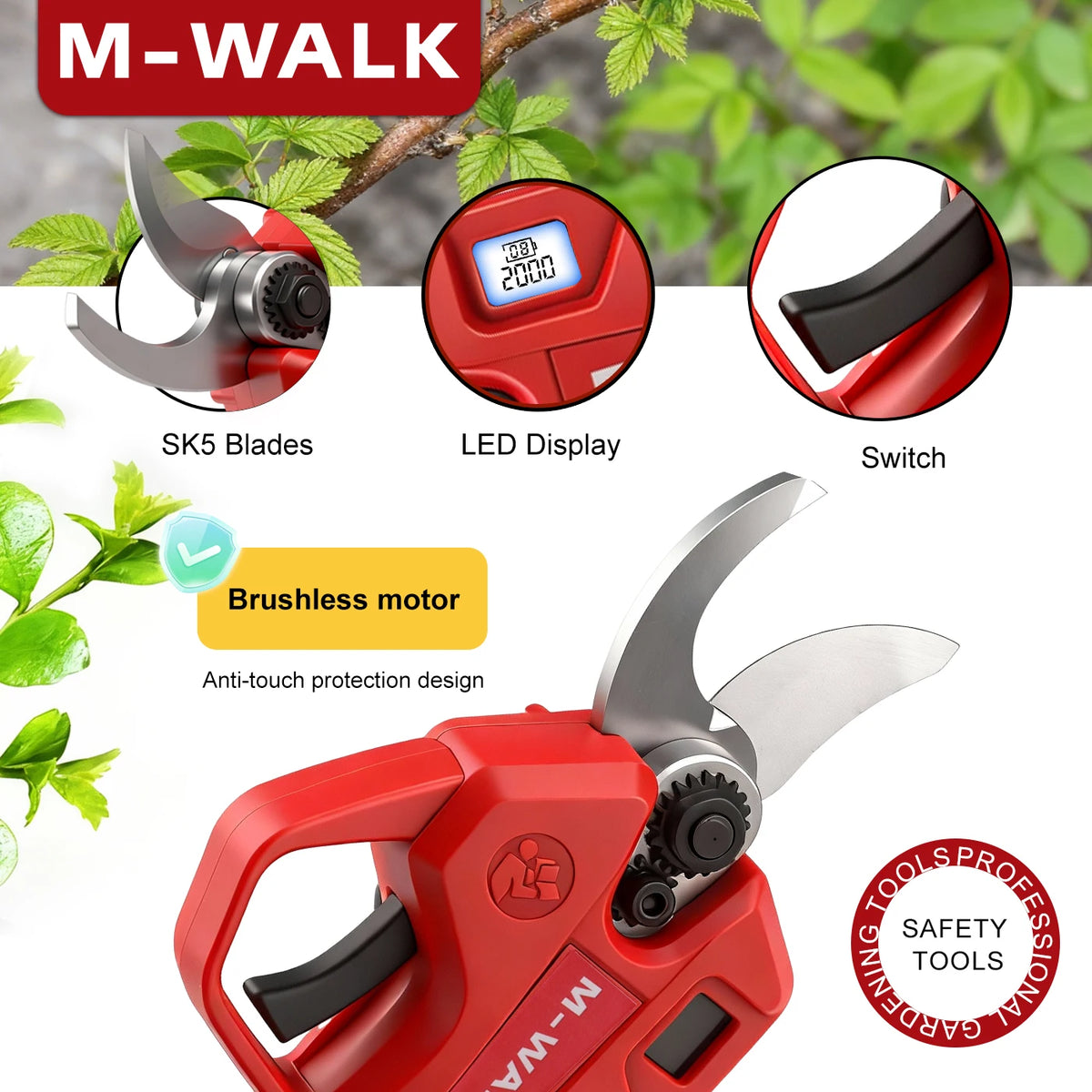 Red M-WALK cordless brushless electric pruning shears with LED display and switch components shown.