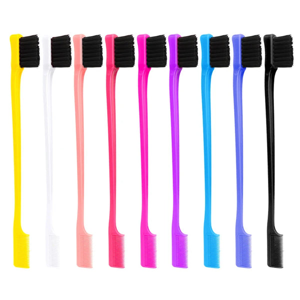 A row of colorful anti-static edge control brushes and combs in various shades including yellow, black, pink, blue, and purpl