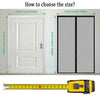 Guide showing how to choose the size of a door curtain by measuring the outer frame width and door curtain width with a tape 