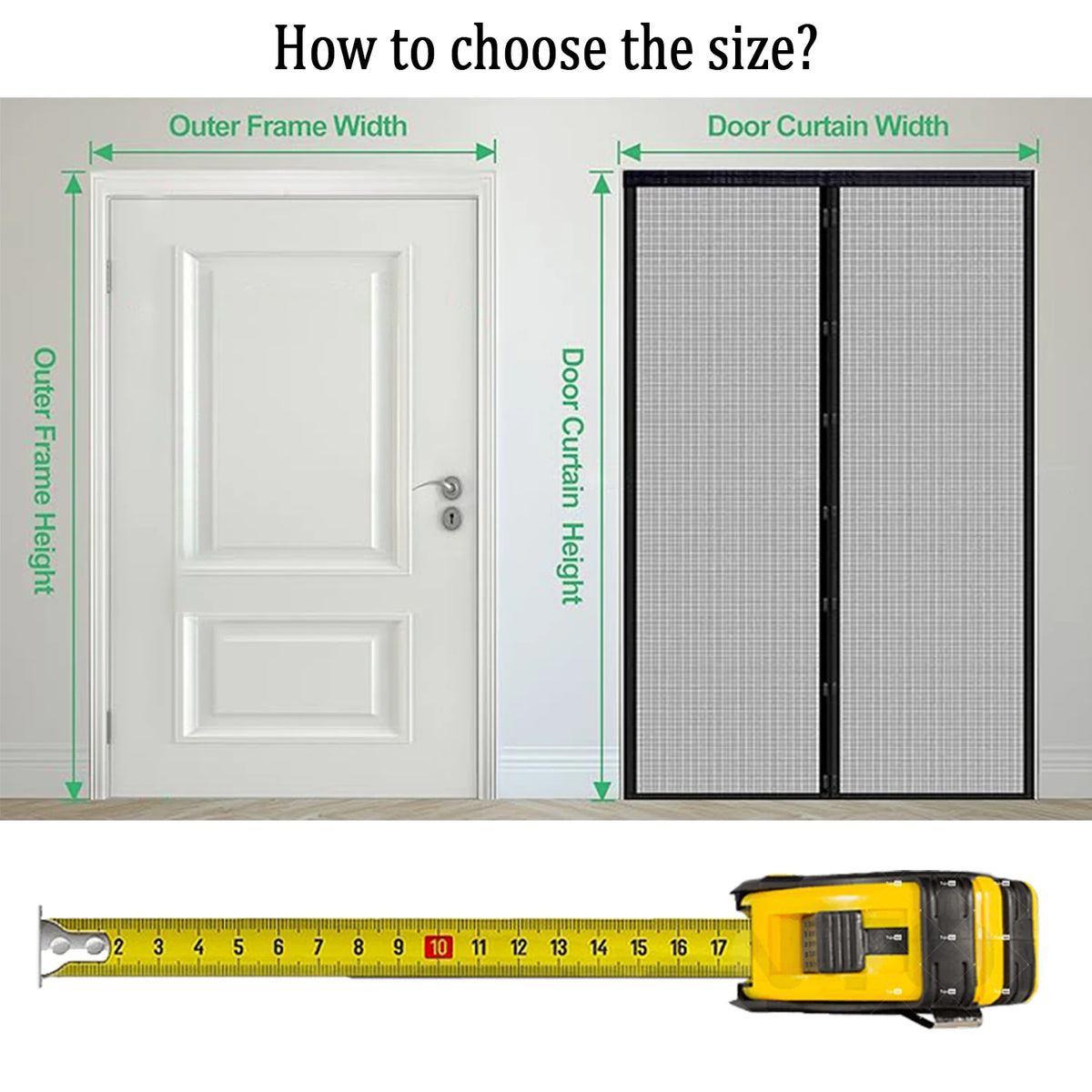 Guide showing how to choose the size of a door curtain by measuring the outer frame width and door curtain width with a tape 
