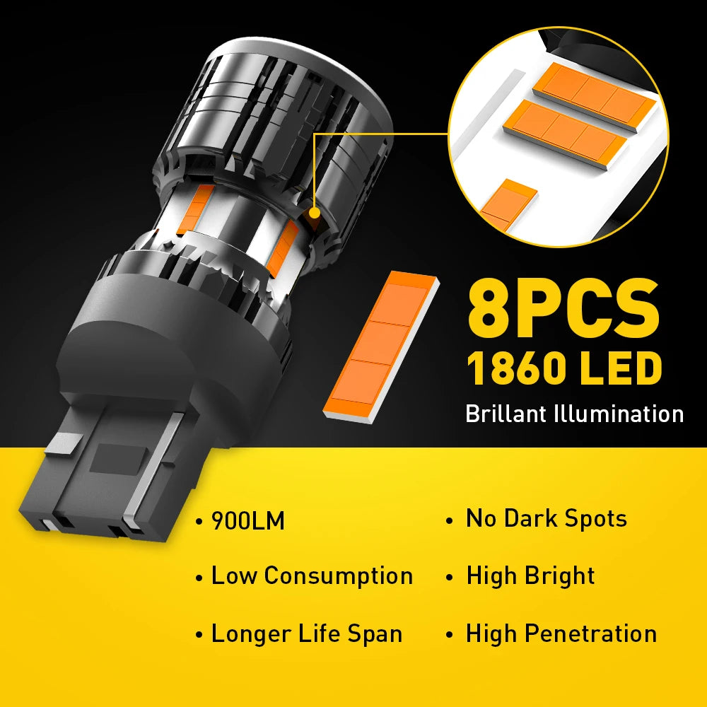 Close-up view of an 8PCS 1860 LED brilliant illumination turn signal bulb with specifications listed.