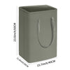 A tall, rectangular gray laundry hamper with handles shown in a side view.