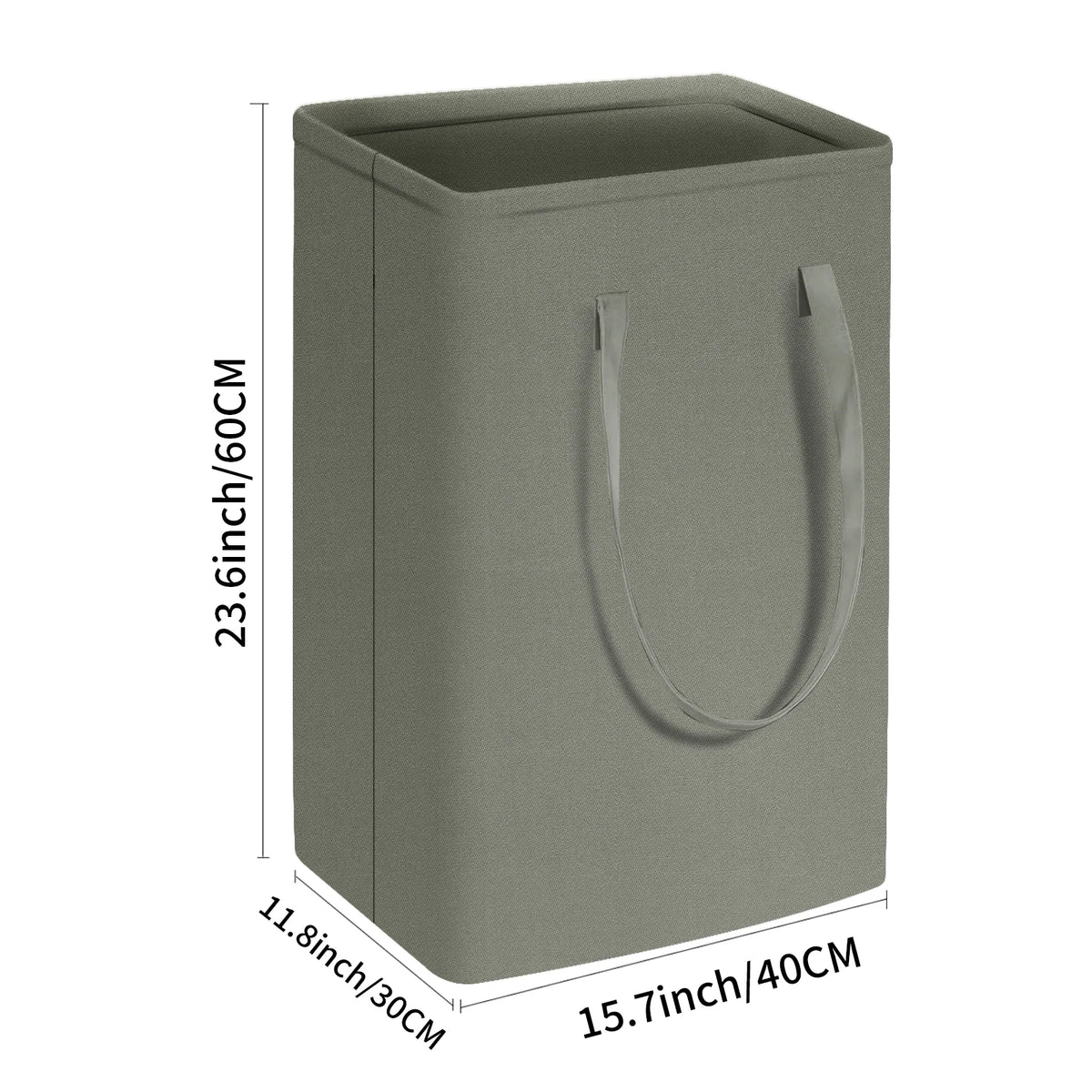 A tall, rectangular gray laundry hamper with handles shown in a side view.