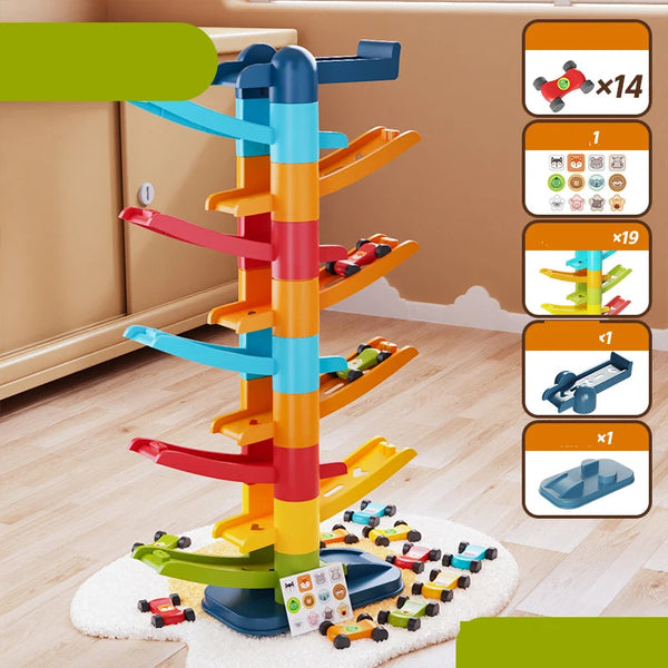 Farbenfrohes Kinder-Glid-Track-Auto-Rutschespielzeug mit verschiedenen farbigen Schienen und Autos auf einem weißen Teppich.