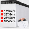 A display of self-adhesive poly mailers in various sizes, including 17x32cm, 25x32cm, 28x42cm, and 32x45cm.
