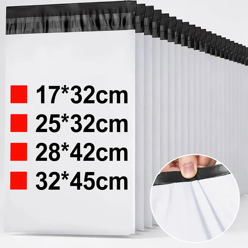 A display of self-adhesive poly mailers in various sizes, including 17x32cm, 25x32cm, 28x42cm, and 32x45cm.