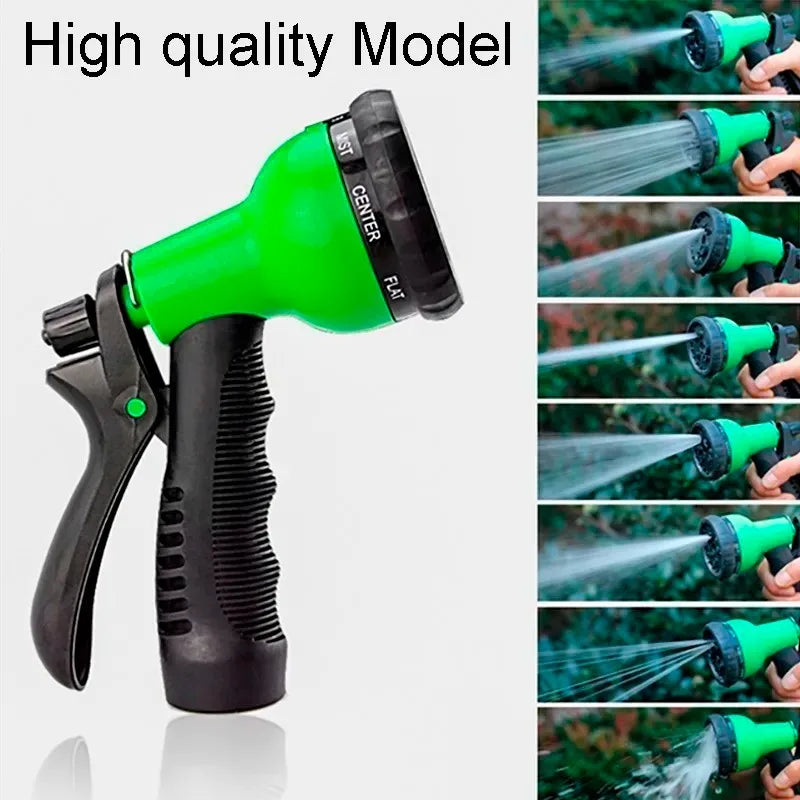 A green high-pressure garden water nozzle with multiple spray modes is shown against a white background.