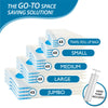 A stack of vacuum storage bags in various sizes (small, medium, large, jumbo) with a hand pump included.