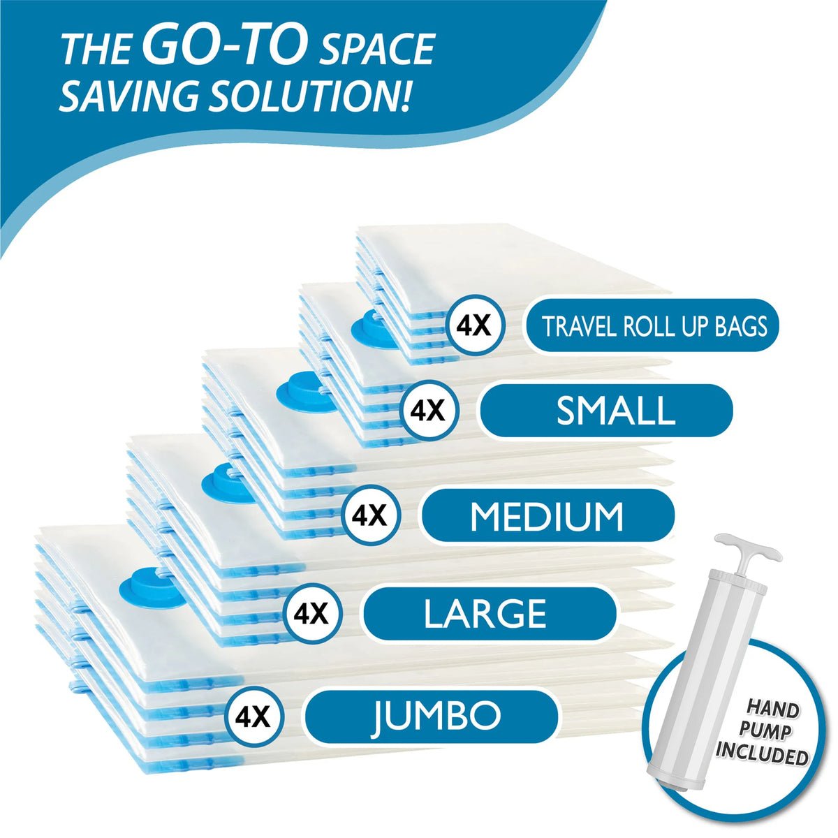 A stack of vacuum storage bags in various sizes (small, medium, large, jumbo) with a hand pump included.