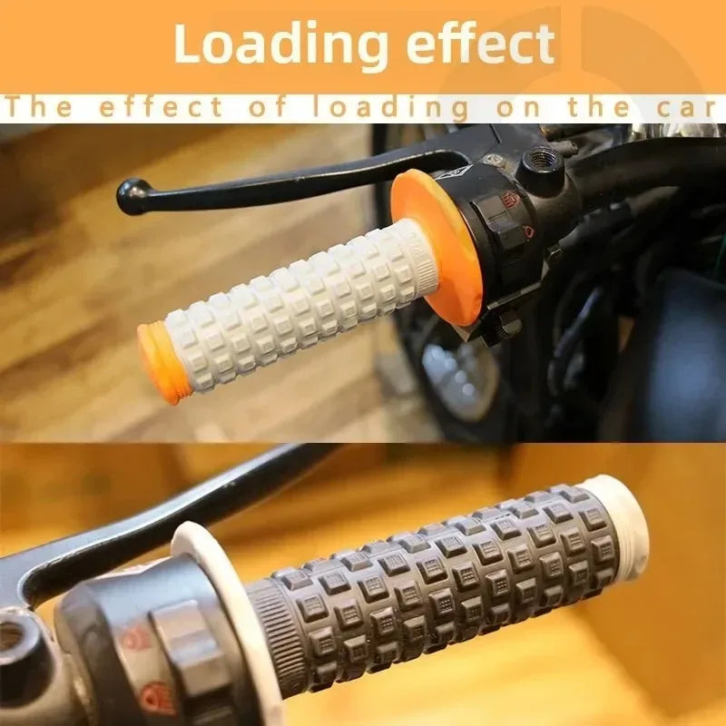 Close-up of motorcycle handlebar grips showing a loading effect, featuring an orange and white textured grip.
