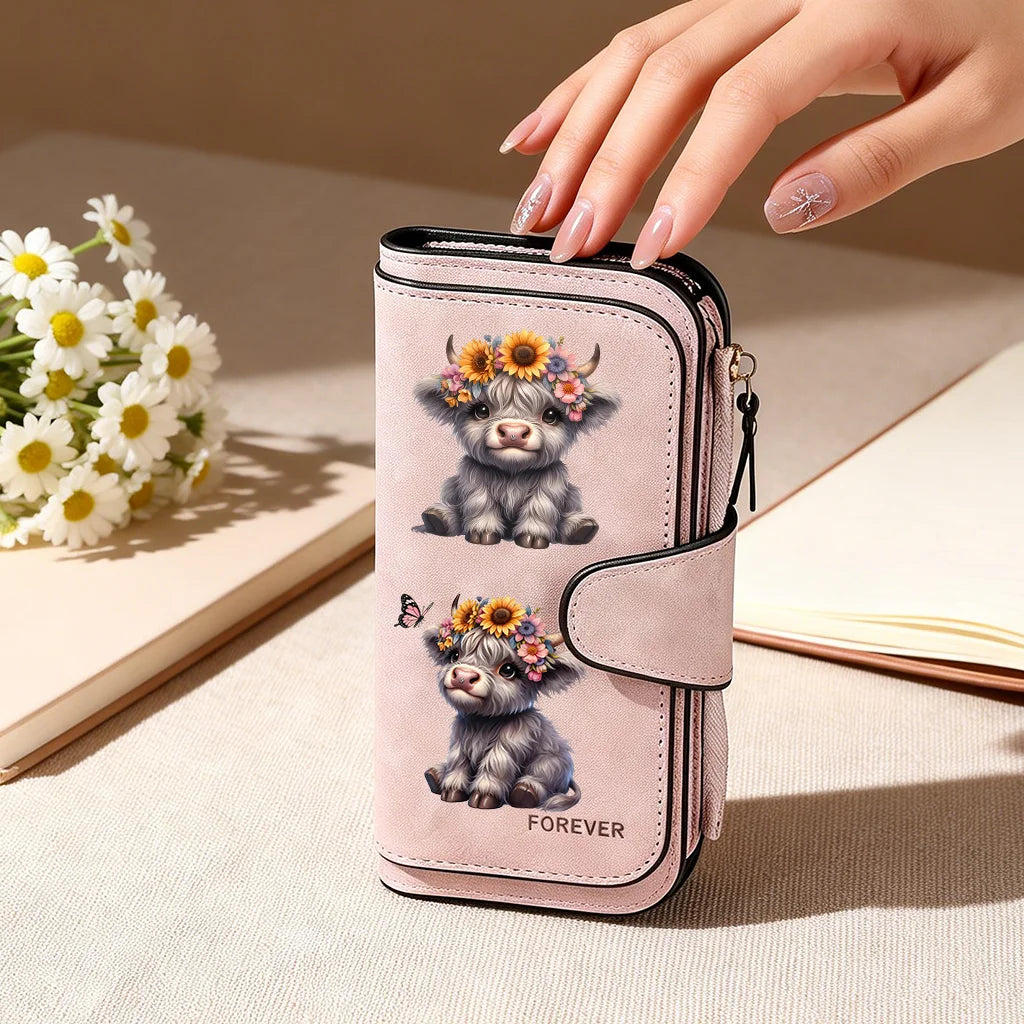 Highland Cow Print Zip-Around Wallet with Card Holder