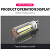 A clear glass tube light with a yellow LED accent is shown, demonstrating the product operation display.