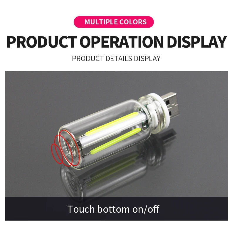 A clear glass tube light with a yellow LED accent is shown, demonstrating the product operation display.