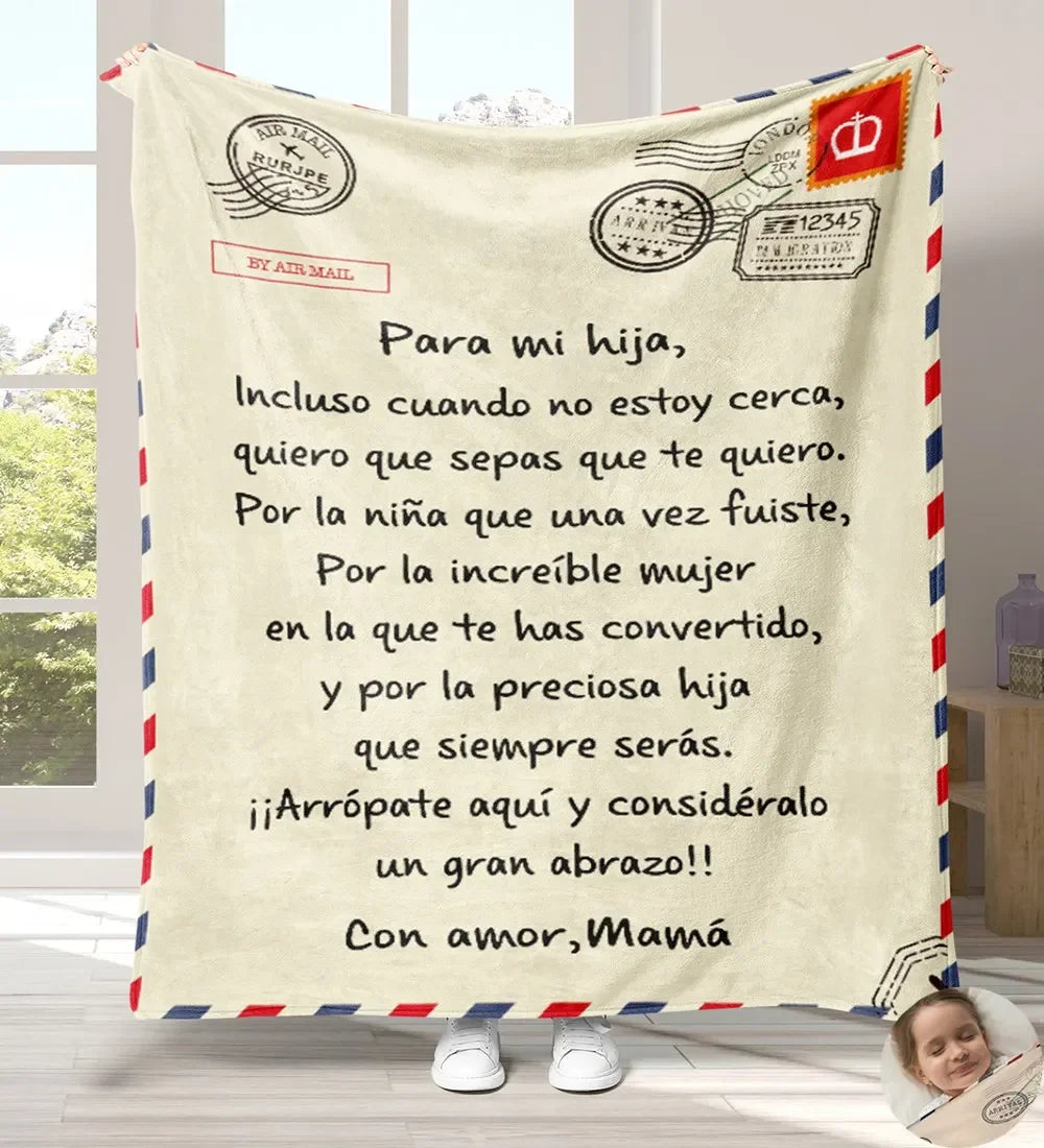 A beige flannel throw blanket with a personalized Spanish message and stamps, displayed on a light wooden surface.