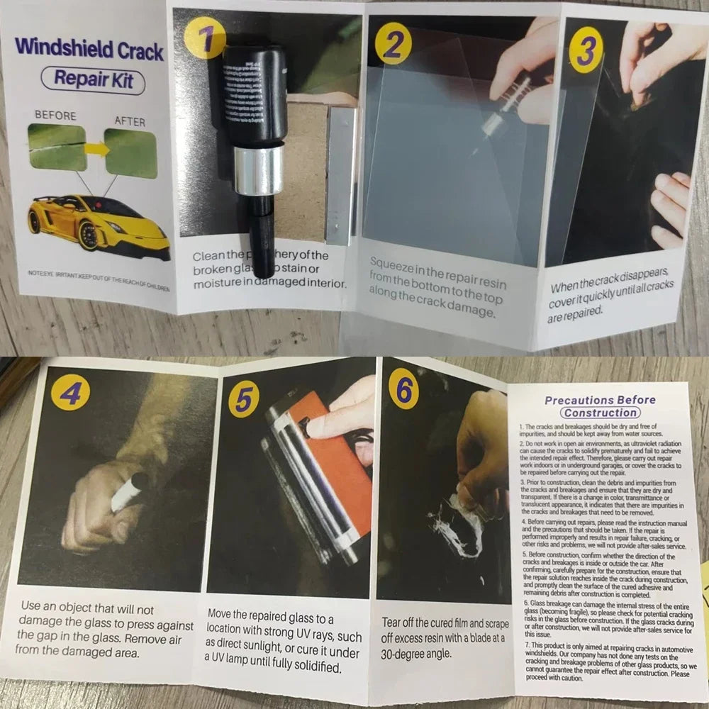 A six-step guide showing how to repair a windshield crack using a repair kit with nano resin.