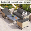 Fundas de cojines para sofá de mimbre exterior en gris y beige que protegen muebles de patio.