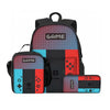 A black backpack set for kids gaming consoles featuring a main bag, a lunch bag, and a pencil case.