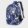 A blue and white patterned laptop backpack with black straps.