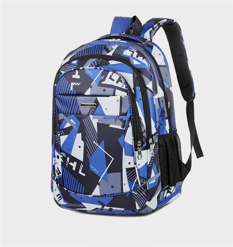 A blue and white patterned laptop backpack with black straps.