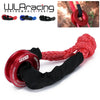 A set of red and black recovery rings and synthetic winch rope with a protective sleeve.