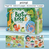 A colorful busy book for toddlers featuring animal pictures and matching games.