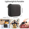Black lightweight and portable sewing kit bag shown next to a woven basket and a leather purse.