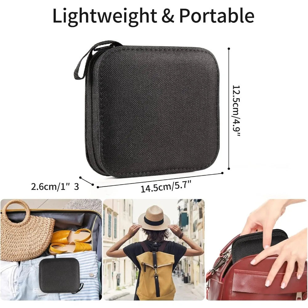 Black lightweight and portable sewing kit bag shown next to a woven basket and a leather purse.