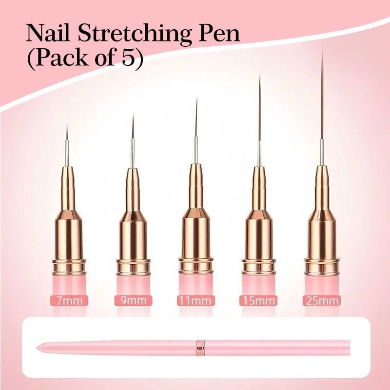 A pack of five gold nail stretching pens with varying needle sizes, including 7mm, 9mm, 11mm, 15mm, and 25mm.