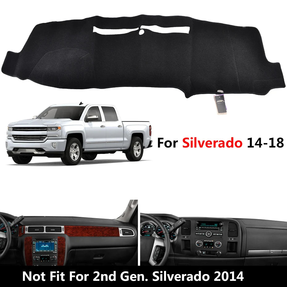 Black custom-fit dashboard cover for Silverado trucks and SUVs