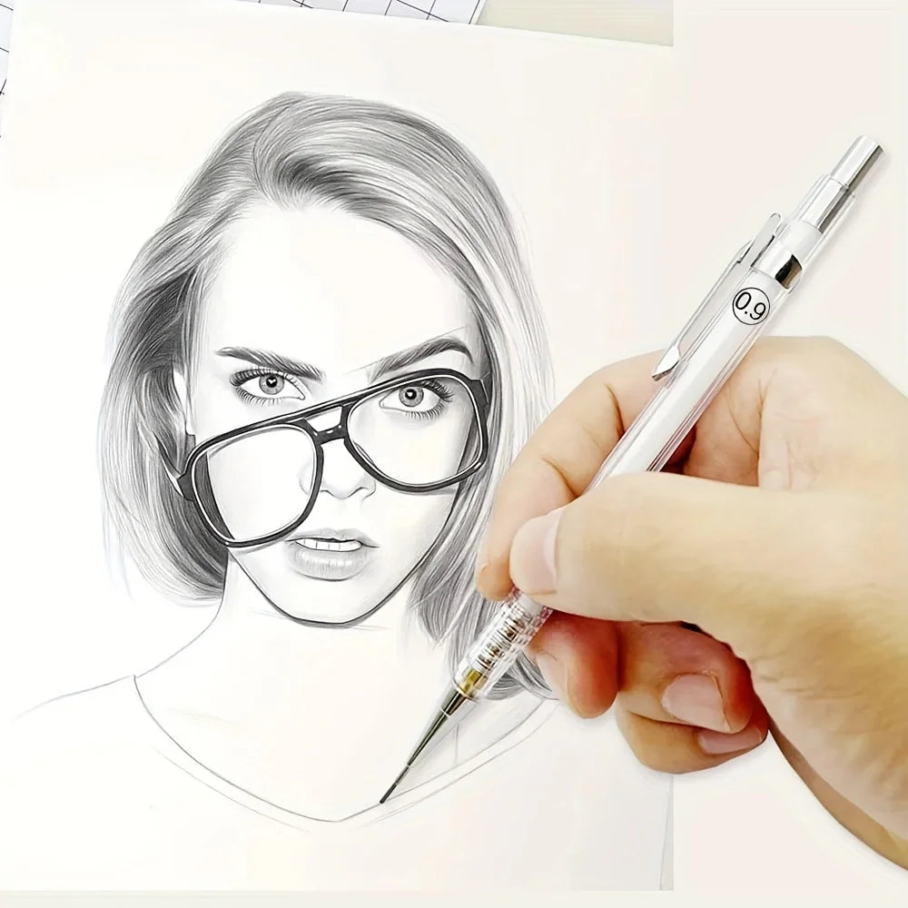 A hand holds a transparent mechanical pencil set with refill leads, drawing a portrait sketch on white paper.