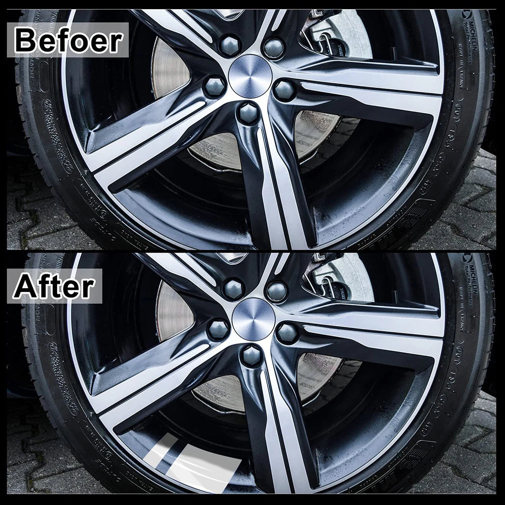 Before and after comparison of car wheels with reflective safety stickers applied.