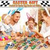 A family is shown gifting mini pull-back plastic toy cars to a child during an Easter activity.