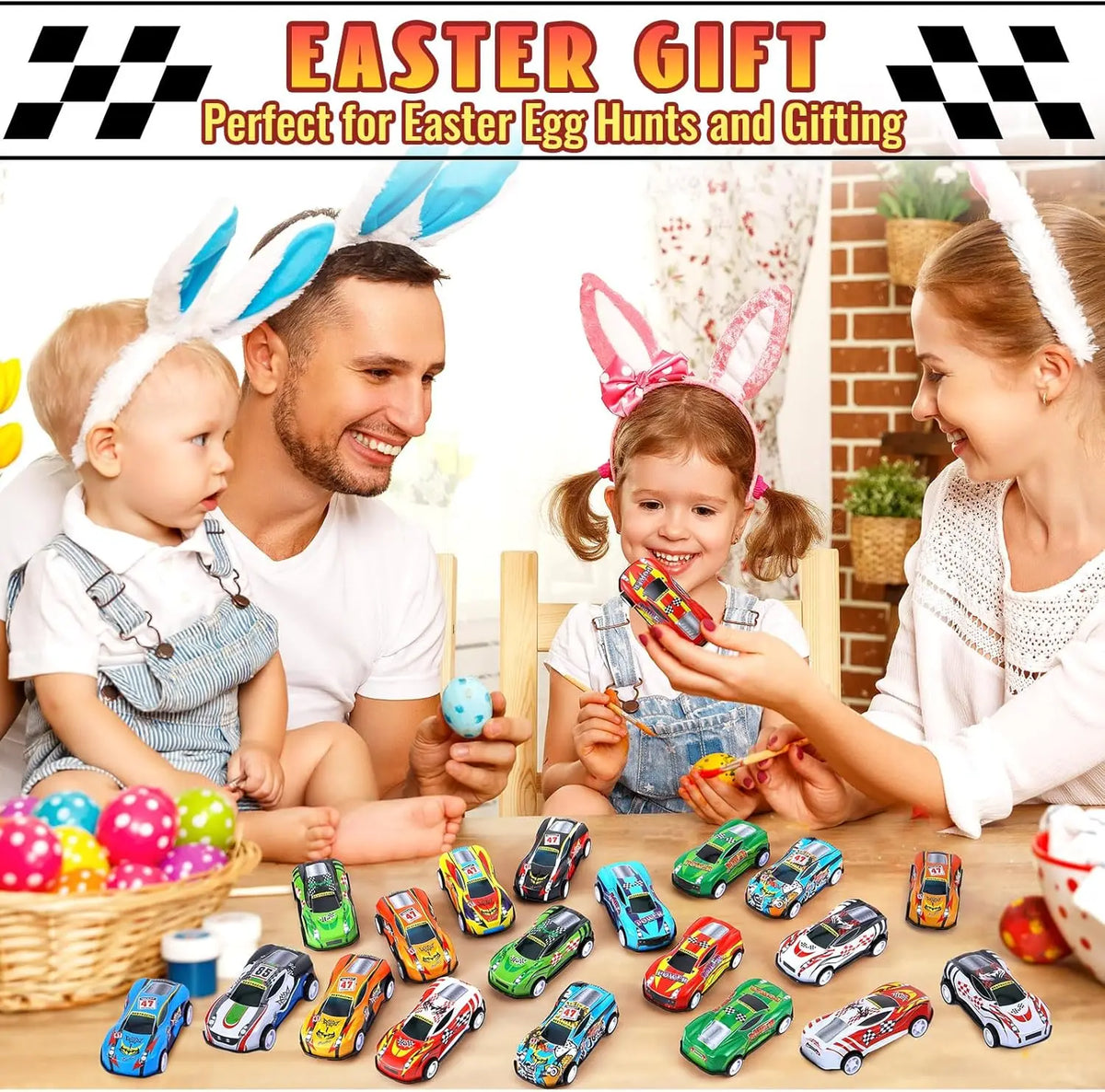 A family is shown gifting mini pull-back plastic toy cars to a child during an Easter activity.