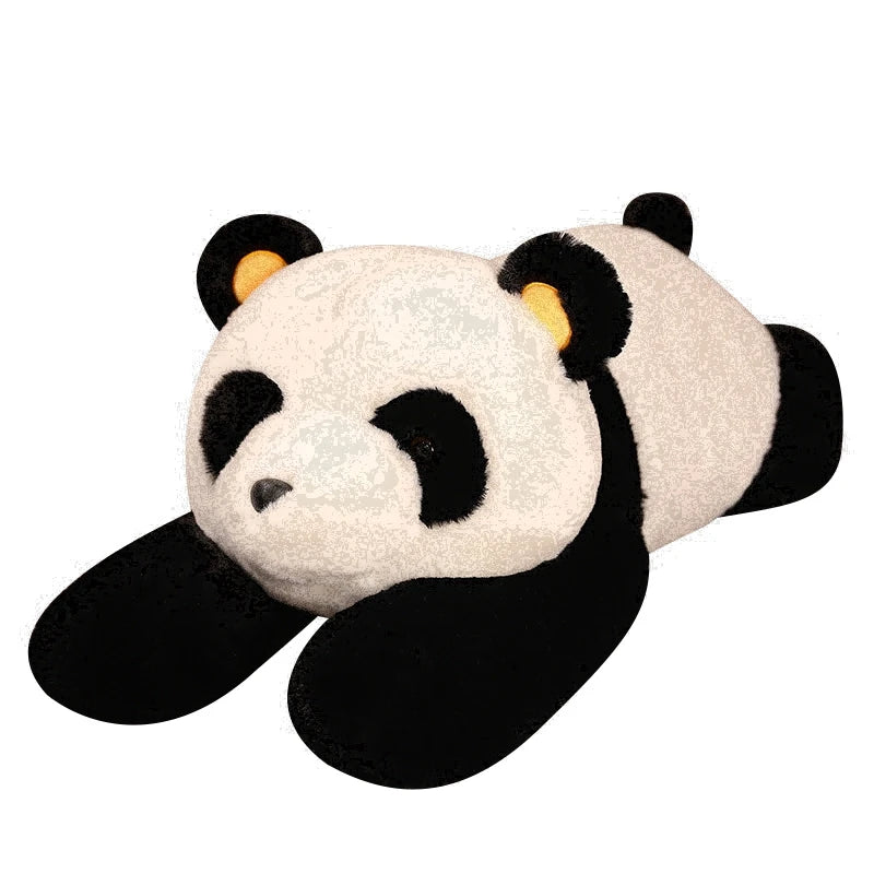A fluffy black and white panda plush toy with long arms.