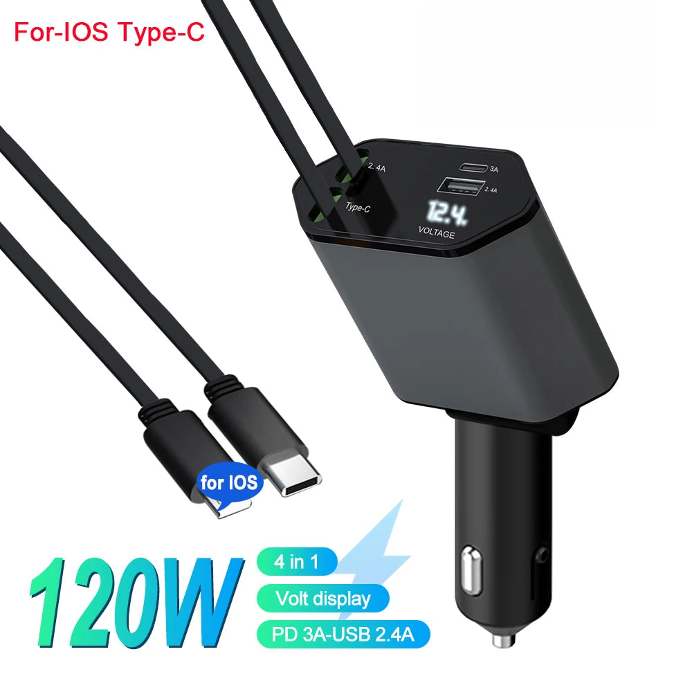 4-in-1 Car Charger with Retractable Cable and Light