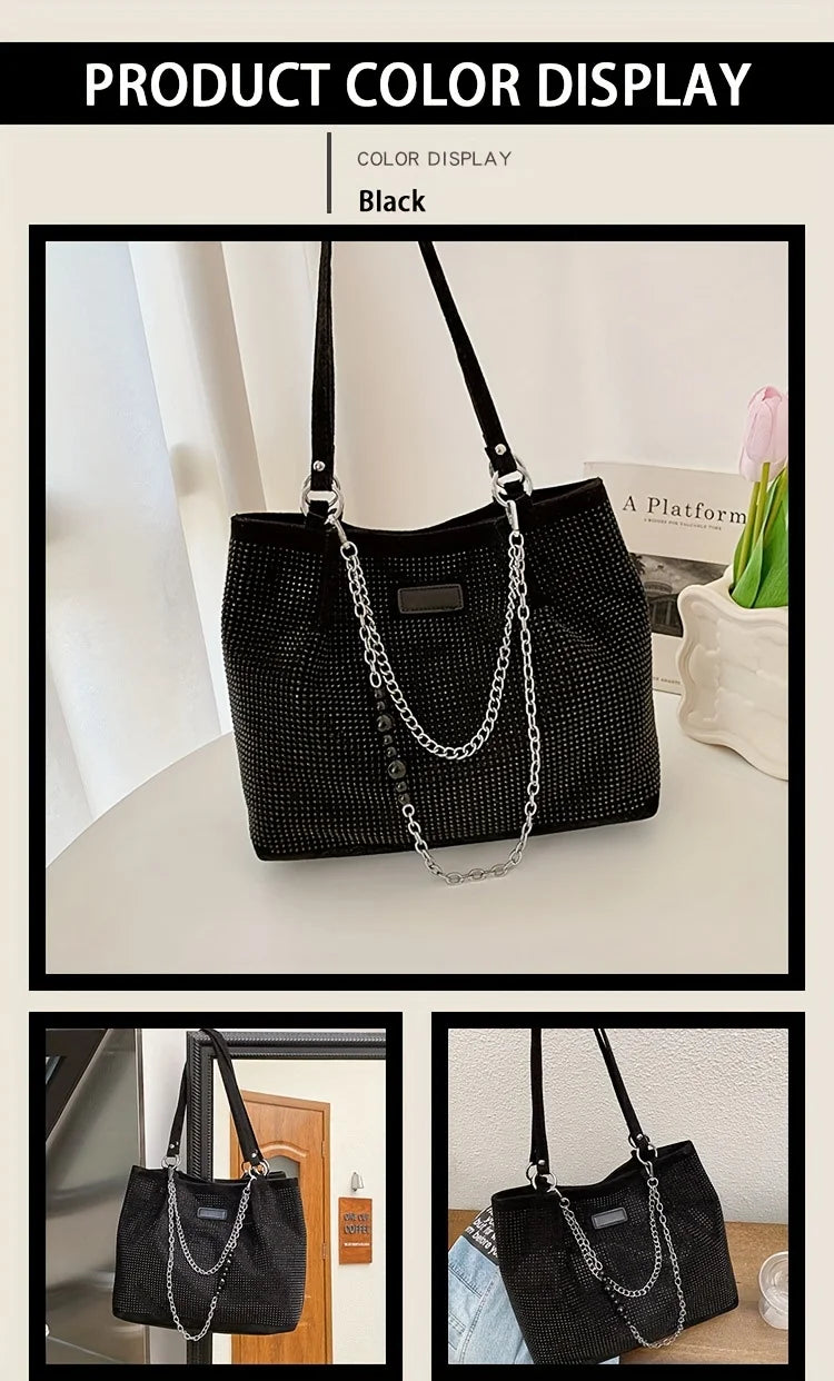 Black crystal-embellished chain shoulder bag displayed on a white surface.