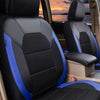 A close-up view of a black car seat with blue accents and breathable mesh upholstery.