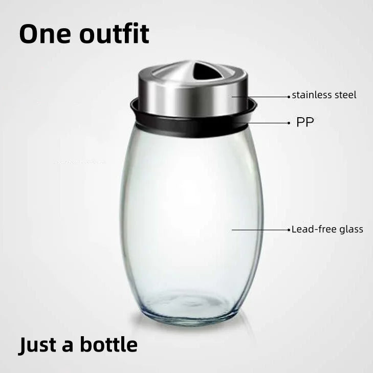 A clear glass spice jar with a stainless steel lid and PP seal, shown next to text indicating its components.