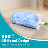 A blue electrostatic duster with a 360-degree swivel head is shown cleaning a wooden surface.