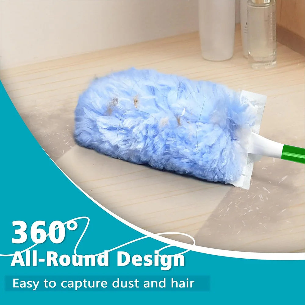 A blue electrostatic duster with a 360-degree swivel head is shown cleaning a wooden surface.
