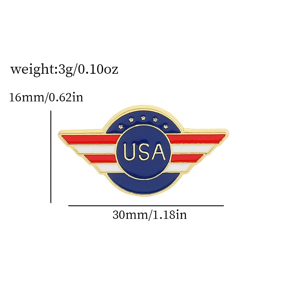 A round enamel pin featuring the USA flag design with stars and stripes.