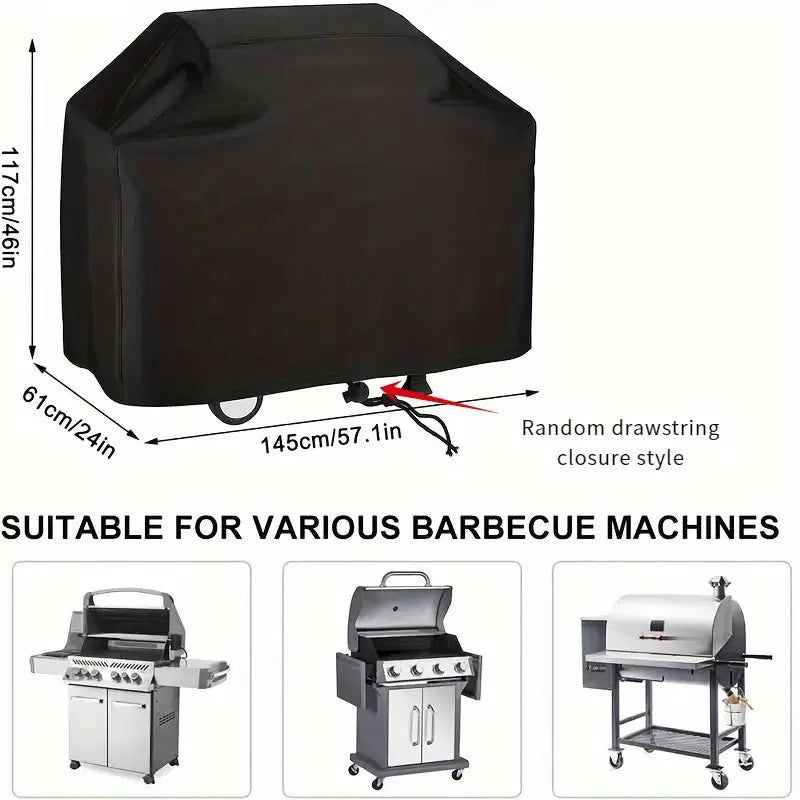 Black waterproof barbecue grill cover with handles and a random drawstring closure style.