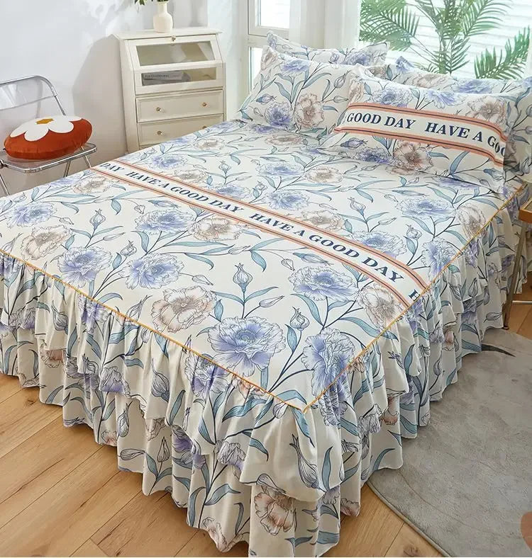 Floral Bed Skirt Set with Anti-Slip Mattress Cover