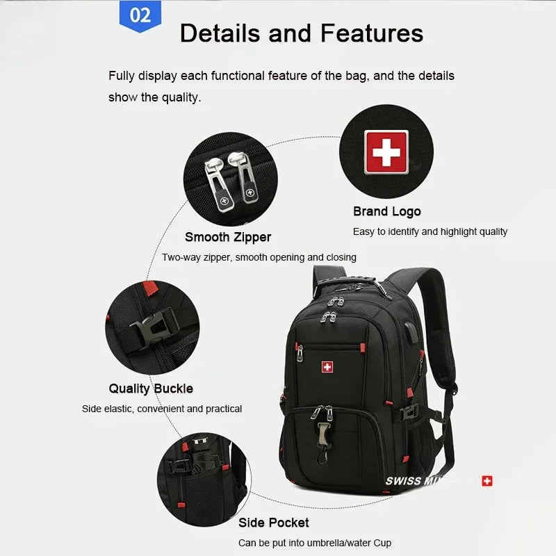 Details and features of a black waterproof laptop backpack showing zipper, buckle, and side pocket features