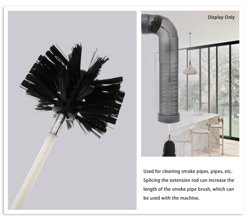 A black smoke pipe brush with a long extension rod shown next to a modern interior setting.