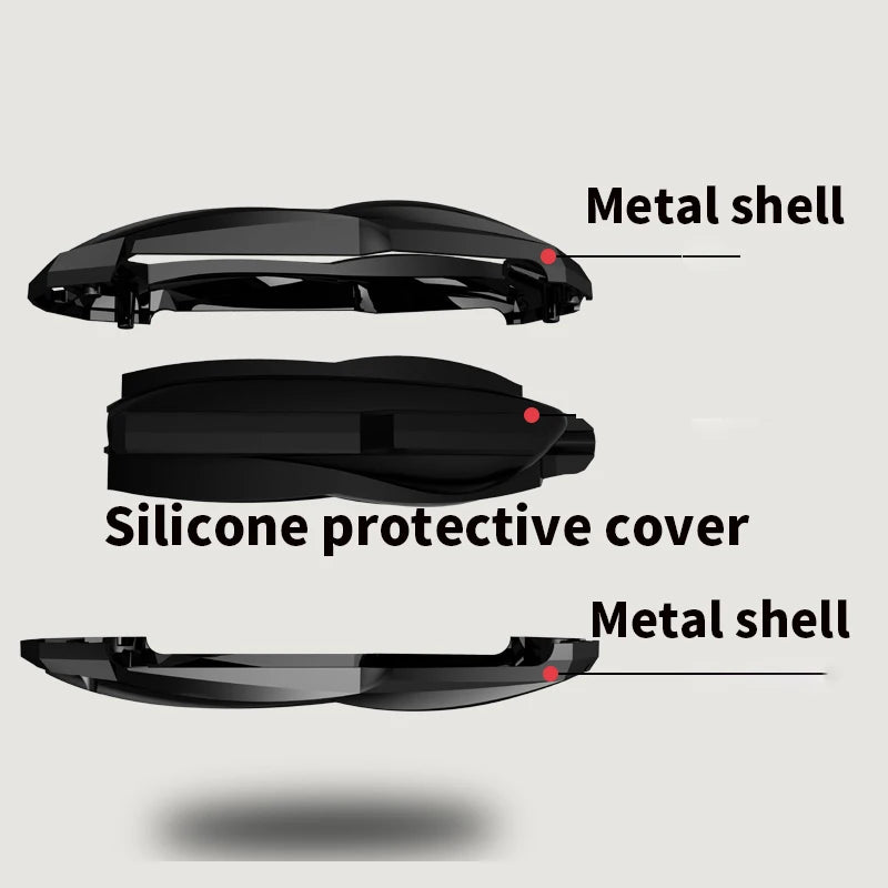 Three views of a black metal shell product with a silicone protective cover for a key fob.