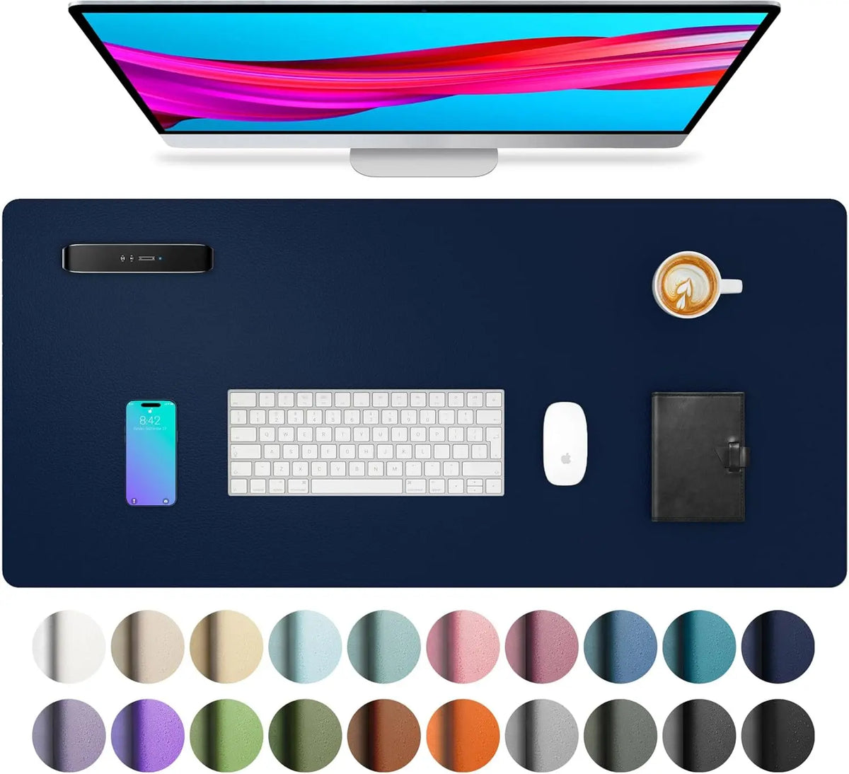 A desk pad featuring a monitor, smartphone, keyboard, mouse, and notebook, surrounded by various colored circles.