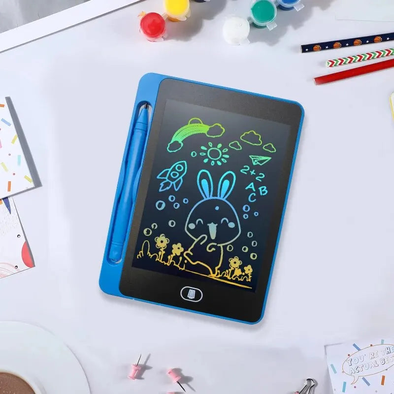A blue 6.5-inch LCD writing tablet for kids displaying a drawing of a rabbit and sun.